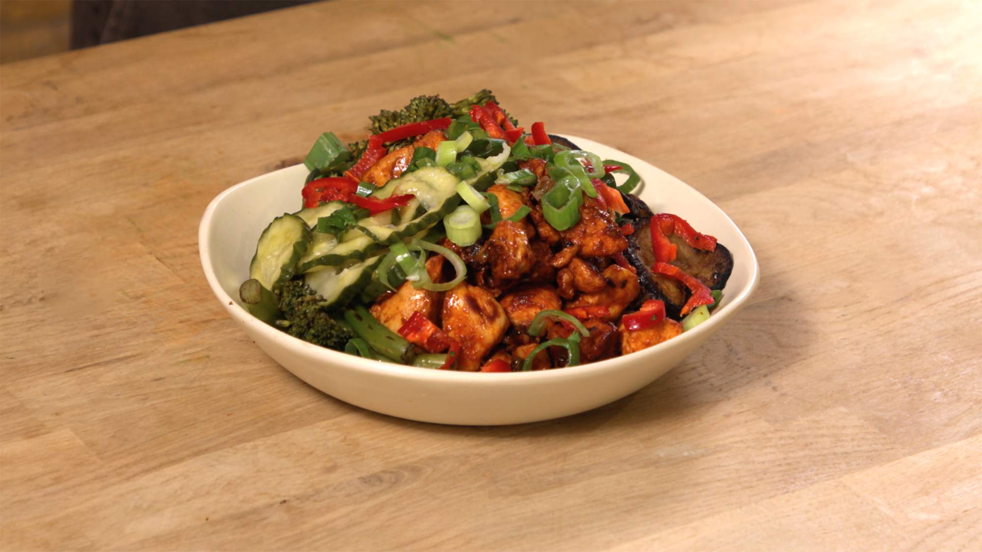 rice bowl, spicy chicken, dill pickles
