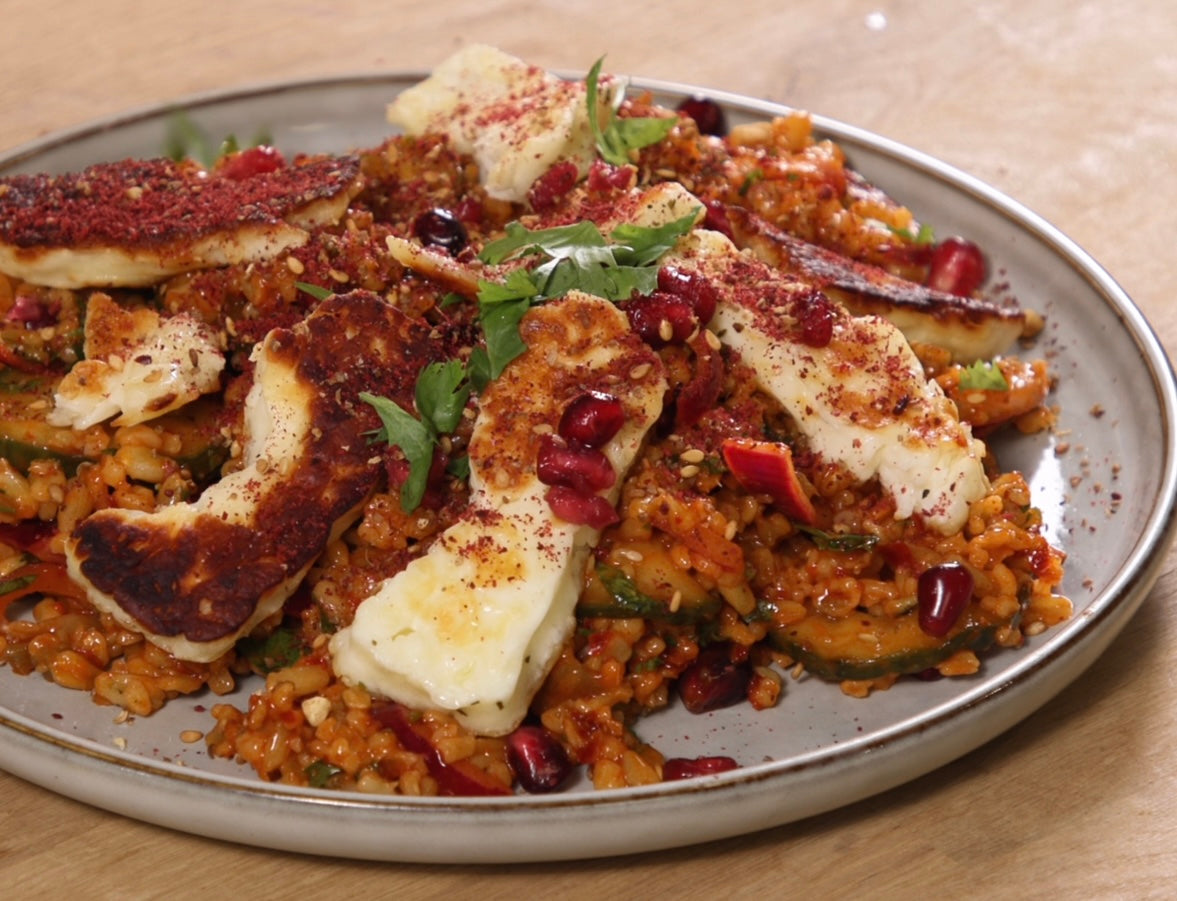 Harissa & Halloumi Grain Salad with Pickled Onions AND Cucumbers