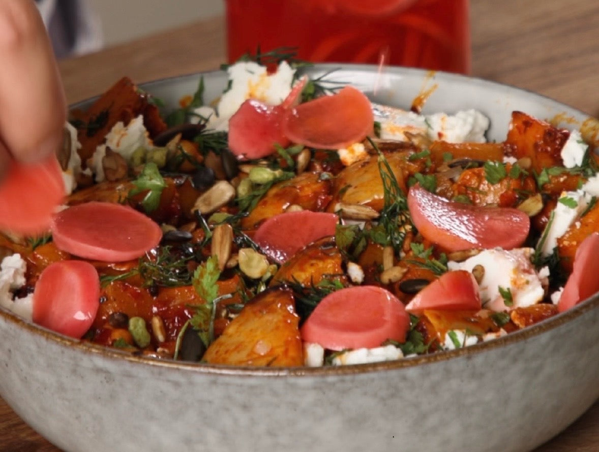 Harissa Butternut, Feta and Chickpea Salad, with Pickled Radishes